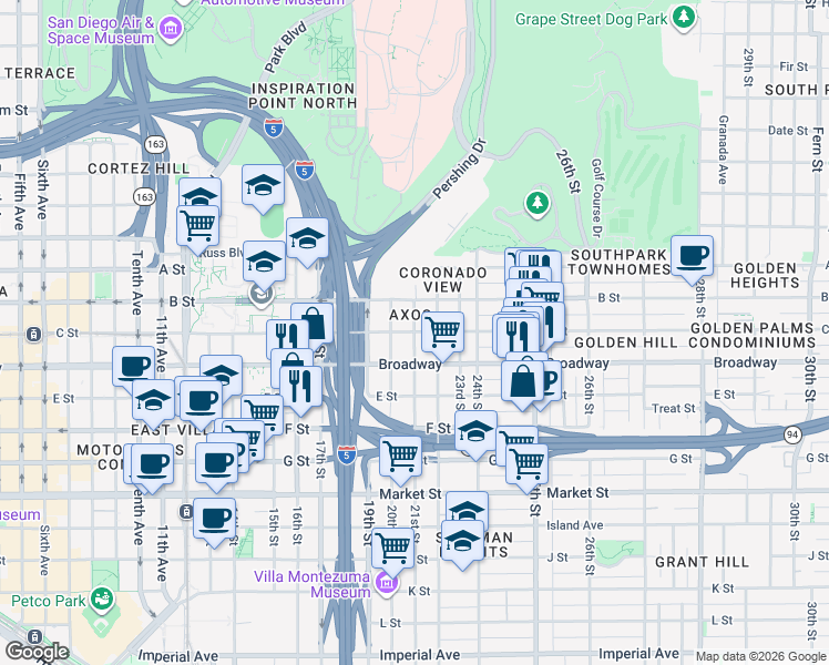map of restaurants, bars, coffee shops, grocery stores, and more near C St & 21st St in San Diego