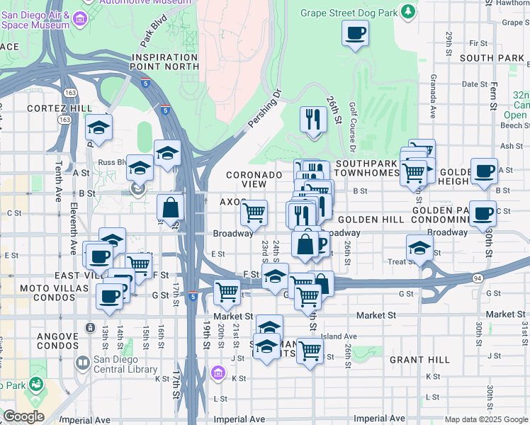 map of restaurants, bars, coffee shops, grocery stores, and more near 23rd Street in San Diego