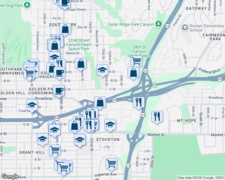 map of restaurants, bars, coffee shops, grocery stores, and more near 1025 33rd Street in San Diego