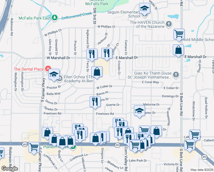map of restaurants, bars, coffee shops, grocery stores, and more near 205 West Cober Drive in Grand Prairie