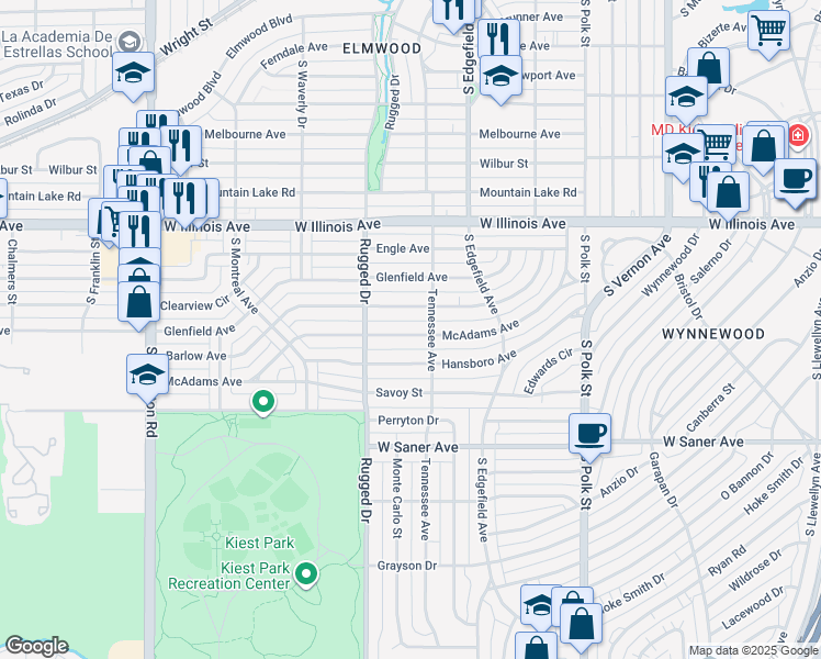 map of restaurants, bars, coffee shops, grocery stores, and more near 1619 McAdams Avenue in Dallas