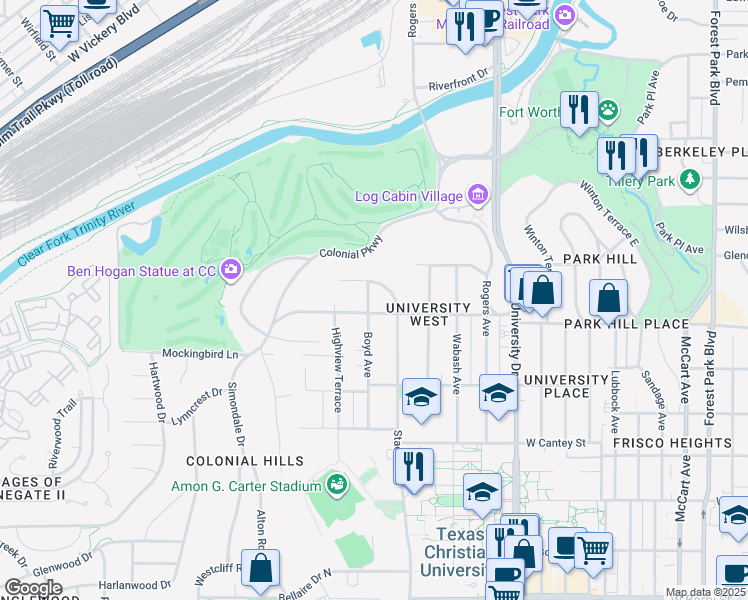 map of restaurants, bars, coffee shops, grocery stores, and more near 2417 Boyd Avenue in Fort Worth
