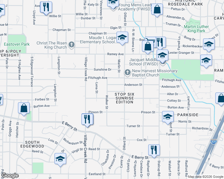 map of restaurants, bars, coffee shops, grocery stores, and more near 5108 Sears Drive in Fort Worth