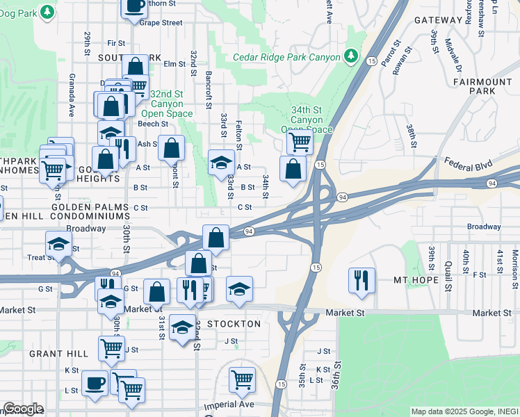 map of restaurants, bars, coffee shops, grocery stores, and more near 3373 C Street in San Diego