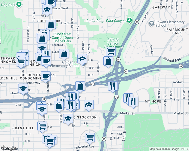 map of restaurants, bars, coffee shops, grocery stores, and more near 3373 C Street in San Diego