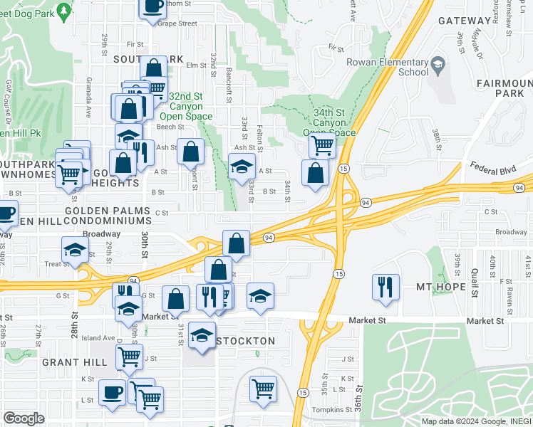 map of restaurants, bars, coffee shops, grocery stores, and more near 1025 33rd Street in San Diego