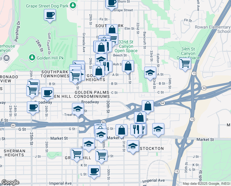 map of restaurants, bars, coffee shops, grocery stores, and more near 3031 C Street in San Diego