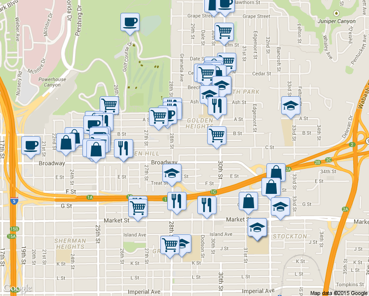 map of restaurants, bars, coffee shops, grocery stores, and more near in San Diego
