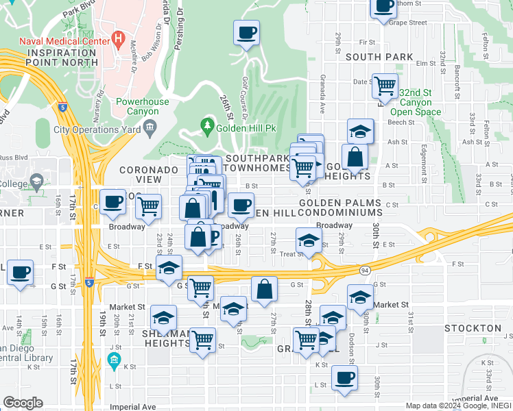 map of restaurants, bars, coffee shops, grocery stores, and more near in San Diego