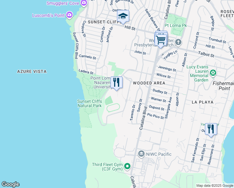 map of restaurants, bars, coffee shops, grocery stores, and more near 3900 Lomaland Drive in San Diego