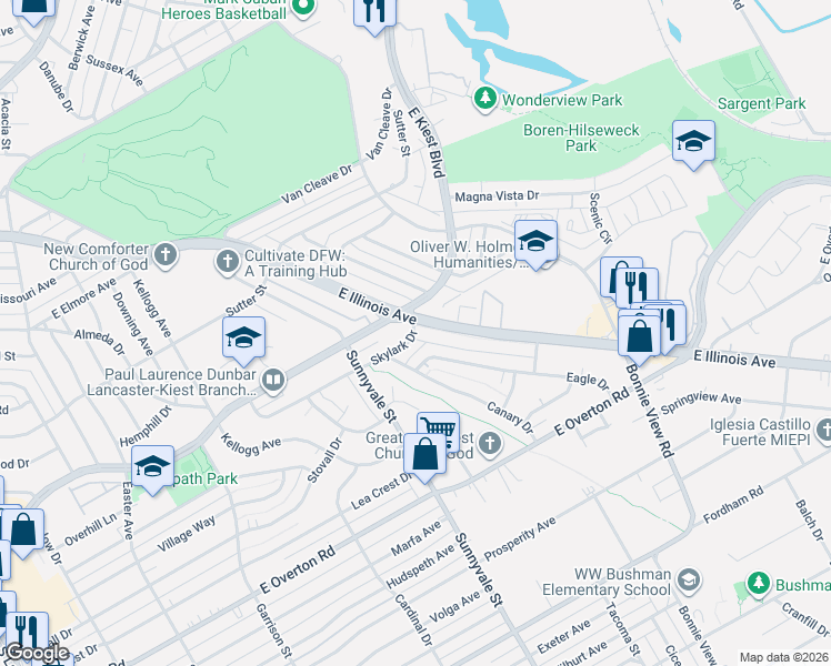 map of restaurants, bars, coffee shops, grocery stores, and more near 2615 Eagle Drive in Dallas