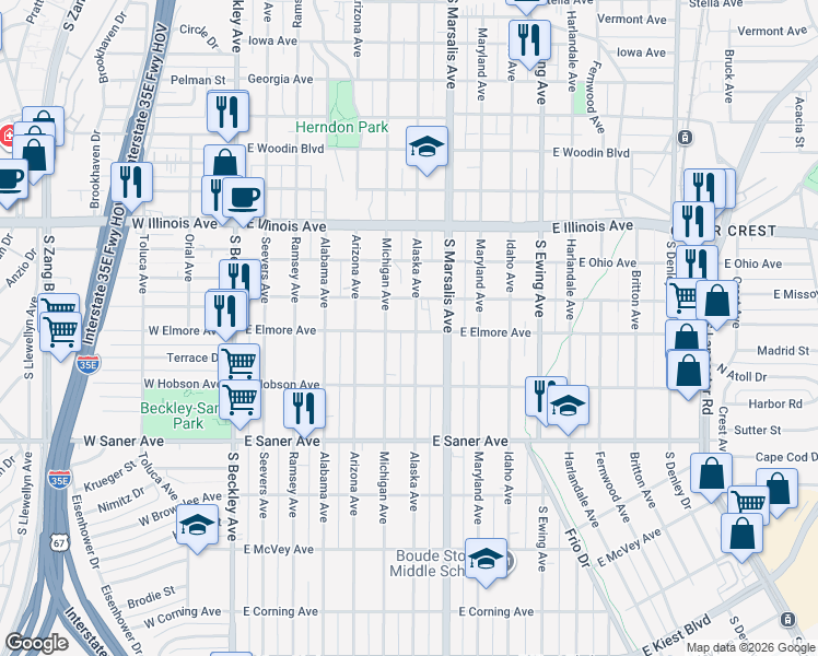 map of restaurants, bars, coffee shops, grocery stores, and more near 2527 Alaska Avenue in Dallas