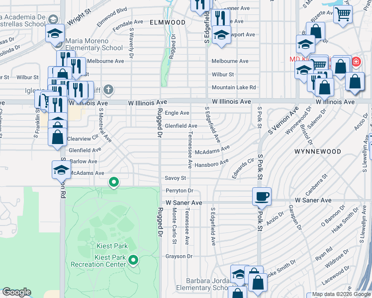map of restaurants, bars, coffee shops, grocery stores, and more near 1512 McAdams Avenue in Dallas
