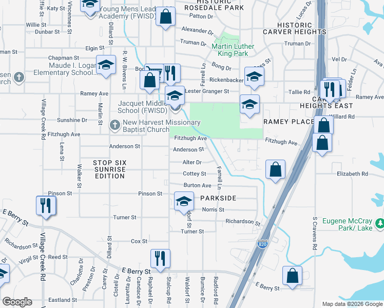 map of restaurants, bars, coffee shops, grocery stores, and more near 5537 Alter Drive in Fort Worth