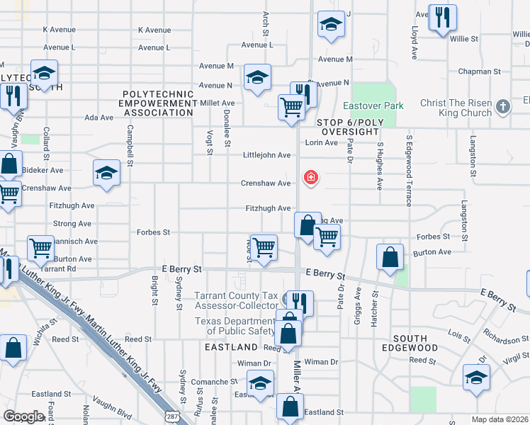 map of restaurants, bars, coffee shops, grocery stores, and more near 2913 Freddie Street in Fort Worth