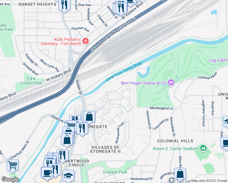 map of restaurants, bars, coffee shops, grocery stores, and more near 2512 Via Nicola in Fort Worth
