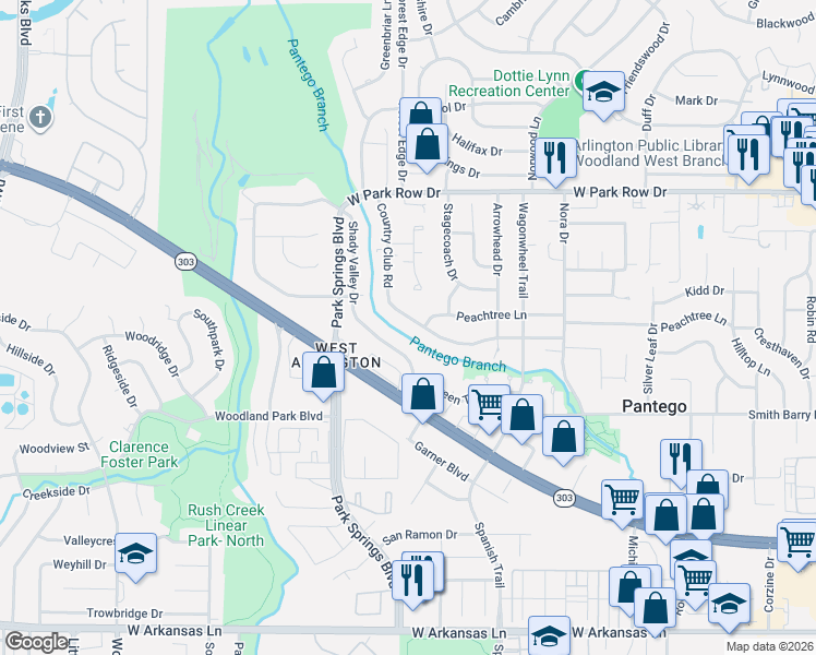 map of restaurants, bars, coffee shops, grocery stores, and more near 3611 Shady Valley Drive in Arlington