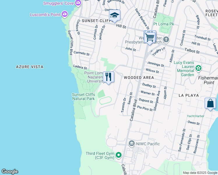 map of restaurants, bars, coffee shops, grocery stores, and more near 3900 Lomaland Drive in San Diego