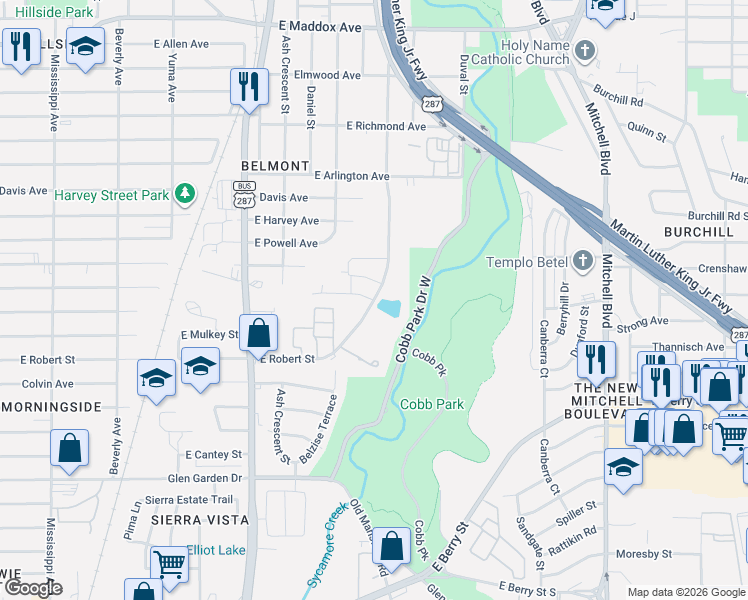 map of restaurants, bars, coffee shops, grocery stores, and more near 3325 McCurdy Street in Fort Worth