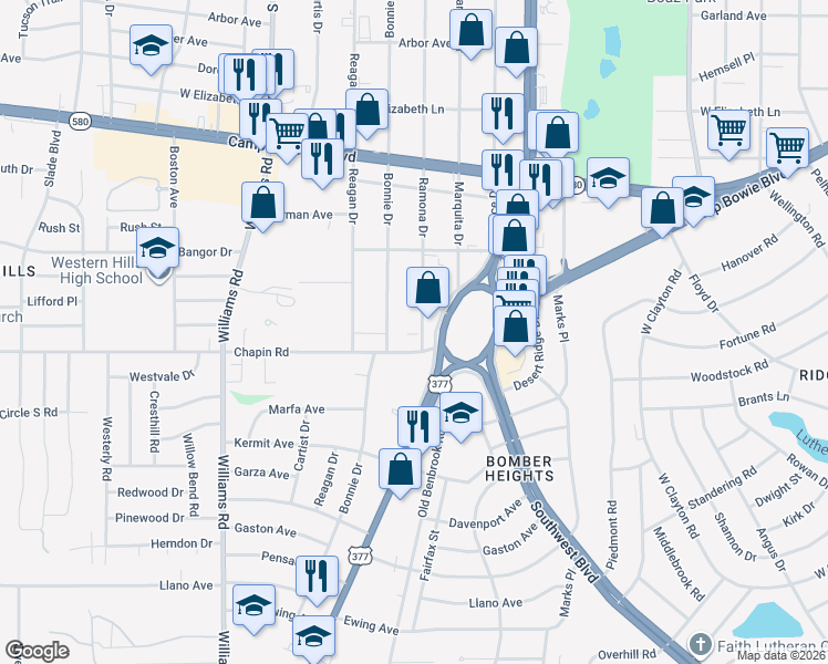 map of restaurants, bars, coffee shops, grocery stores, and more near 3736 Ramona Drive in Fort Worth