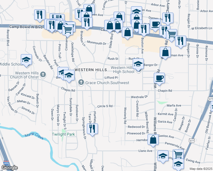 map of restaurants, bars, coffee shops, grocery stores, and more near 8279 Longford Drive in Fort Worth