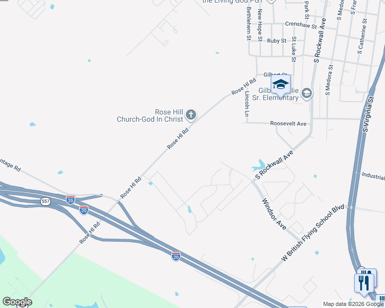 map of restaurants, bars, coffee shops, grocery stores, and more near 1325 Rosehill Road in Terrell