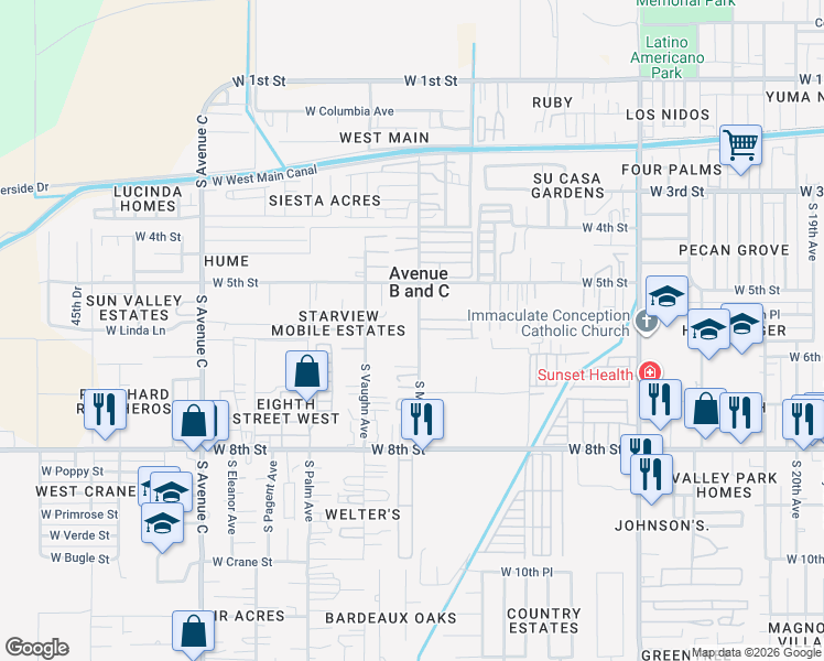 map of restaurants, bars, coffee shops, grocery stores, and more near 564 South May Avenue in Yuma
