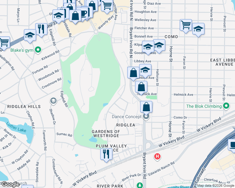 map of restaurants, bars, coffee shops, grocery stores, and more near 4500 Westridge Avenue in Fort Worth