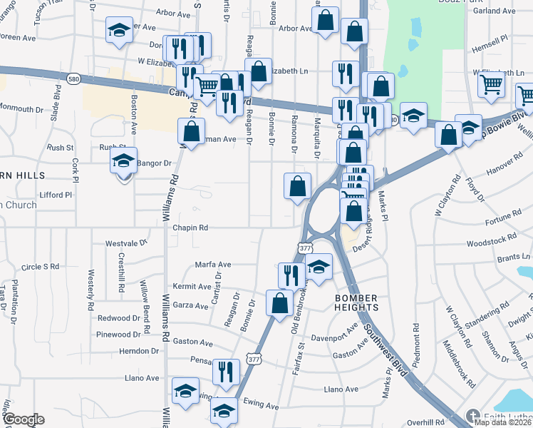 map of restaurants, bars, coffee shops, grocery stores, and more near 3732 Bonnie Drive in Fort Worth