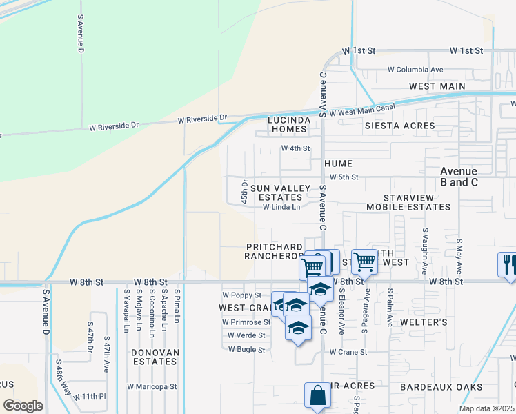 map of restaurants, bars, coffee shops, grocery stores, and more near 4299 West Linda Lane in Yuma