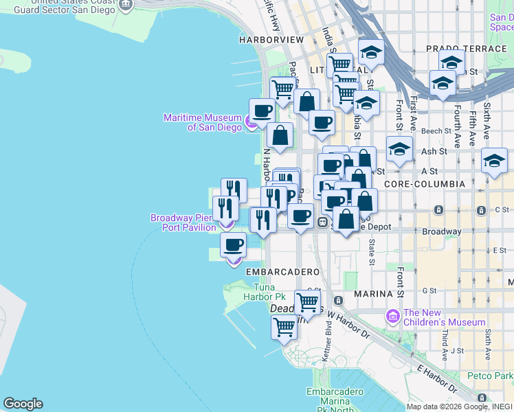 map of restaurants, bars, coffee shops, grocery stores, and more near 2 B Street Pier in San Diego