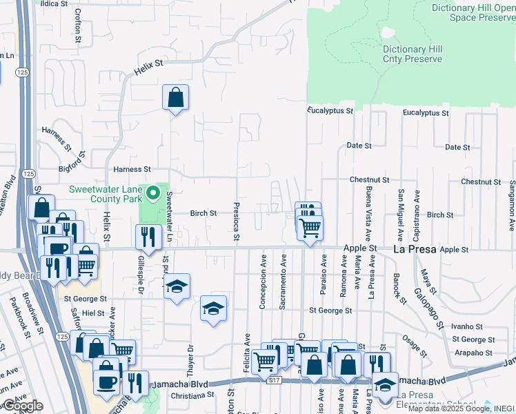 map of restaurants, bars, coffee shops, grocery stores, and more near 9258 Birch Street in Spring Valley