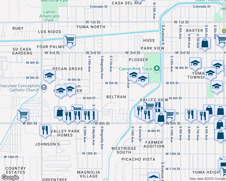 map of restaurants, bars, coffee shops, grocery stores, and more near 591 South 17th Avenue in Yuma