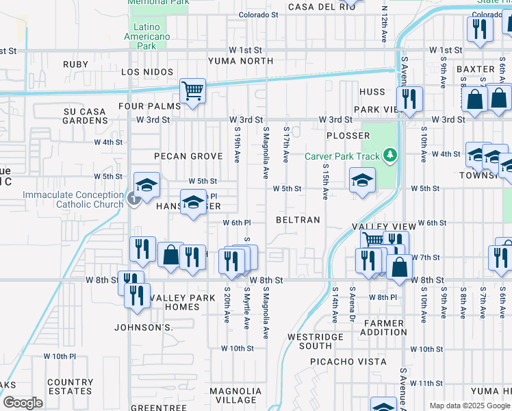 map of restaurants, bars, coffee shops, grocery stores, and more near 566 South Magnolia Avenue in Yuma