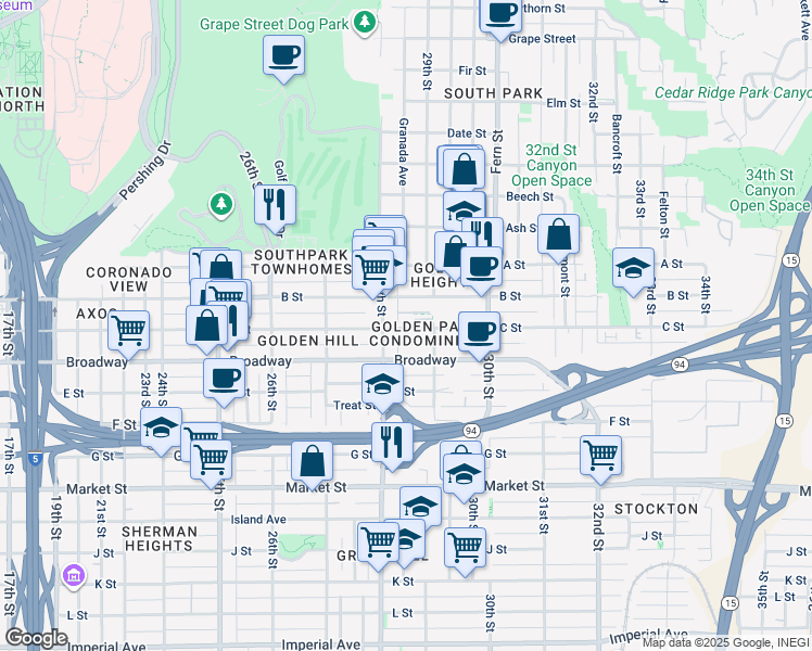 map of restaurants, bars, coffee shops, grocery stores, and more near in San Diego