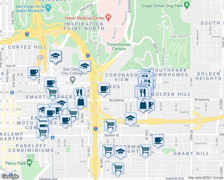 map of restaurants, bars, coffee shops, grocery stores, and more near 1055 20th Street in San Diego