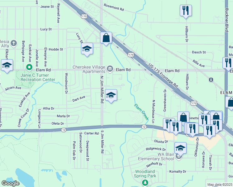 map of restaurants, bars, coffee shops, grocery stores, and more near 314 North Jim Miller Road in Dallas