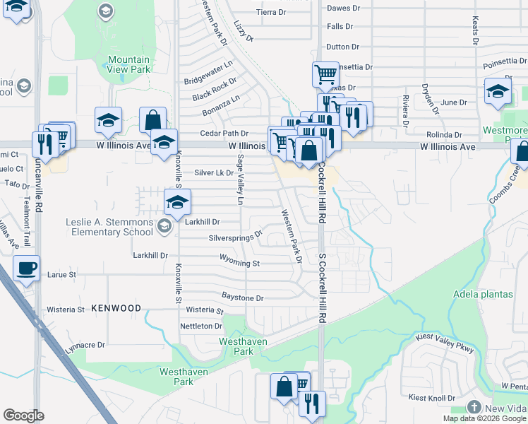map of restaurants, bars, coffee shops, grocery stores, and more near 4549 Silversprings Circle in Dallas