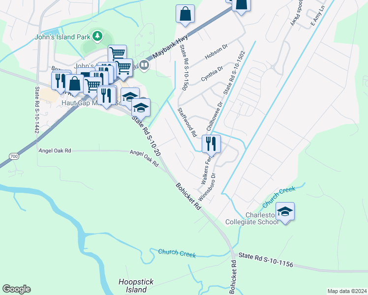 map of restaurants, bars, coffee shops, grocery stores, and more near 1951 Ghana Street in Johns Island