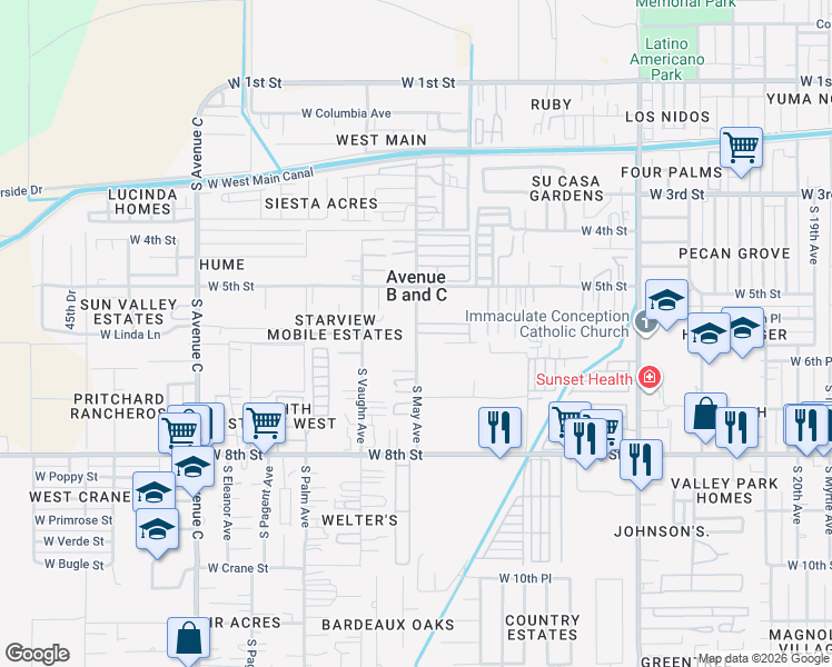 map of restaurants, bars, coffee shops, grocery stores, and more near 589 South May Avenue in Yuma
