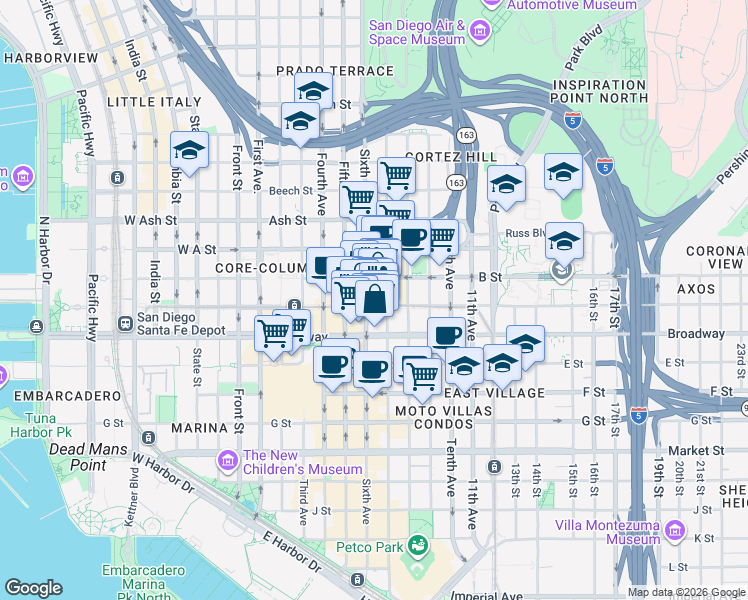 map of restaurants, bars, coffee shops, grocery stores, and more near 1111 6th Avenue in San Diego