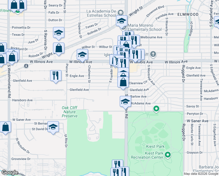 map of restaurants, bars, coffee shops, grocery stores, and more near 2458 Glenfield Avenue in Dallas