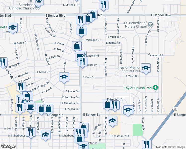map of restaurants, bars, coffee shops, grocery stores, and more near 800-1098 East Yeso Drive in Hobbs