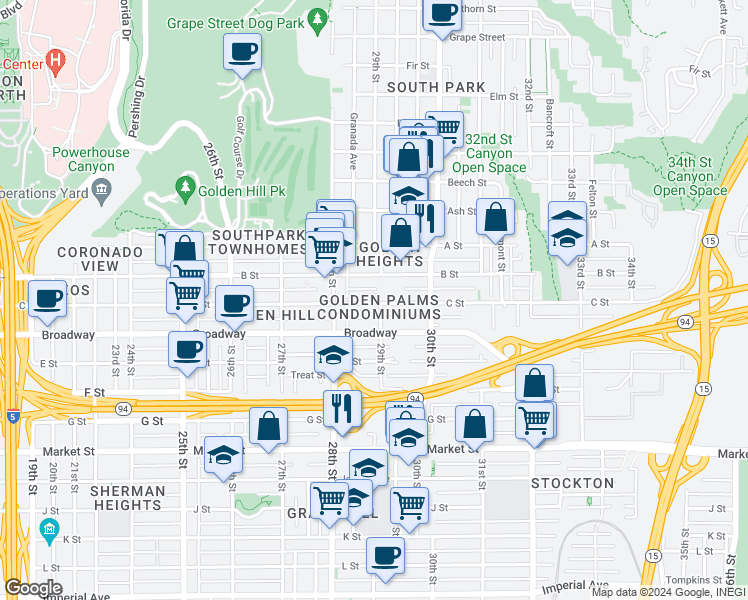 map of restaurants, bars, coffee shops, grocery stores, and more near 2888 C Street in San Diego