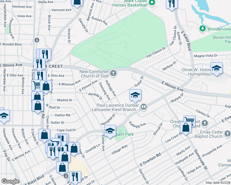 map of restaurants, bars, coffee shops, grocery stores, and more near 2670 Downing Avenue in Dallas