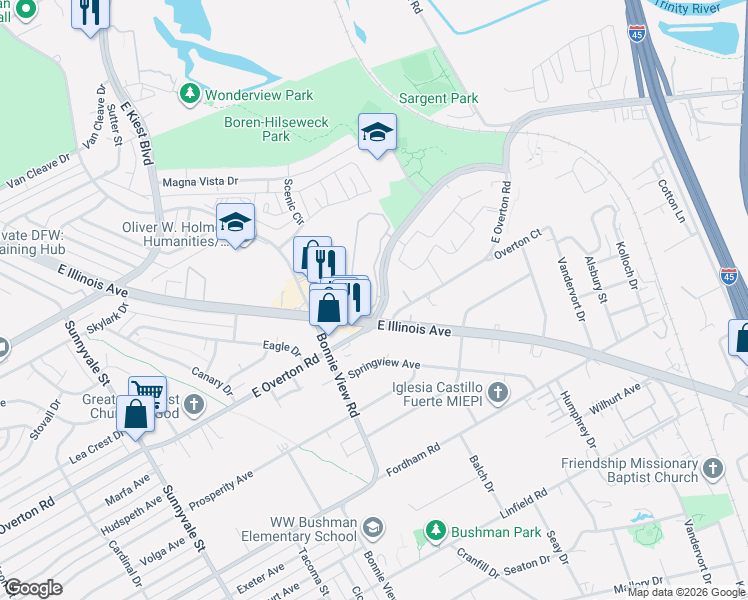 map of restaurants, bars, coffee shops, grocery stores, and more near 3303 Southern Oaks Boulevard in Dallas