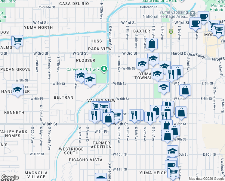 map of restaurants, bars, coffee shops, grocery stores, and more near 511 South Avenue A in Yuma