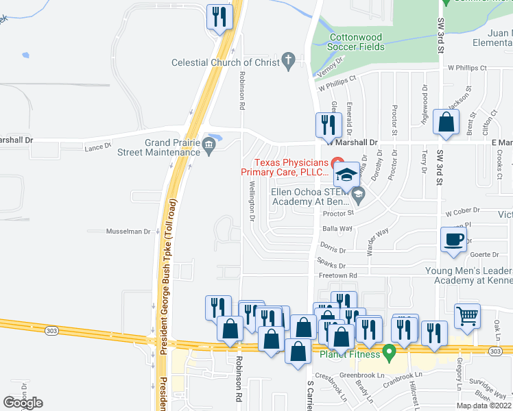 map of restaurants, bars, coffee shops, grocery stores, and more near 2009 Wellington Drive in Grand Prairie