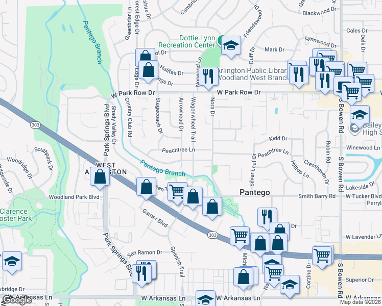 map of restaurants, bars, coffee shops, grocery stores, and more near 3315 Country Club Road in Pantego