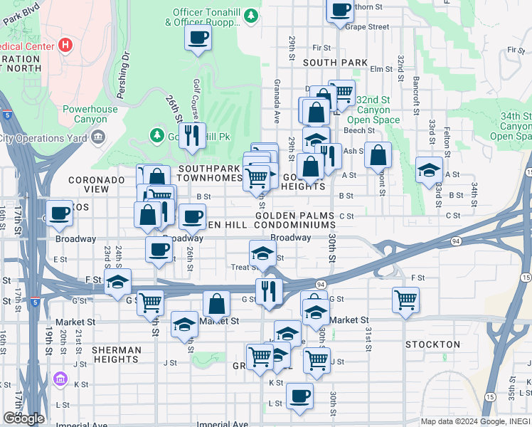 map of restaurants, bars, coffee shops, grocery stores, and more near 2804 C Street in San Diego